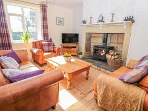 a living room with leather furniture and a fireplace at Appletree in Alnwick
