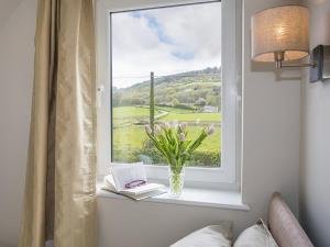 a window with a vase of flowers and a book at Pen Y Prys in Pentraeth