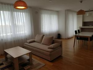 - un salon avec un canapé et une table dans l'établissement Vienna Hauptbahnhof Apartments 5, à Vienne