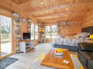 a log cabin living room with a bed and a tv at Little Orchard Lodge in Truro