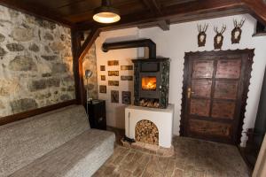 a living room with a fireplace and a door at Slabnik Nature Escape in Idrija