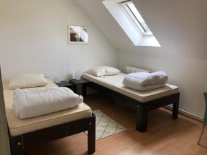 Duas camas num quarto com uma clarabóia em ferienhaus Sundern em Hellefeld