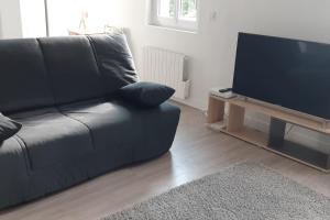 a living room with a black couch and a flat screen tv at Guibert 17 F2 47 m2 Caudebec étage 1 SWEET HOME in Caudebec-lès-Elbeuf