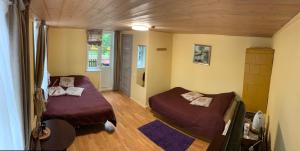 a small room with two beds and a window at Skruzdynes 11 in Nida