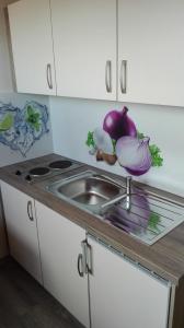 eine Küchentheke mit Spüle und Zwiebeln in der Unterkunft Ferienwohnung Kerth in Sankt Kanzian am Klopeiner See