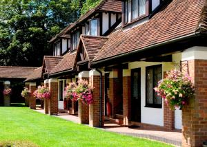 a row of cottages with flower pots on them at Boxmoor Lodge Hotel in Hemel Hempstead
