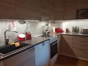 a kitchen with a sink and a stove top oven at Koti Pyhäjärven rannalla, Mustavuori Tampereella in Tampere