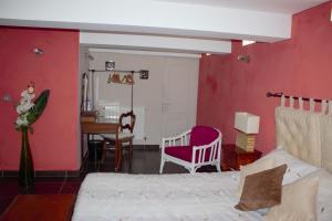 a bedroom with a bed and a red wall at Clôt de Félines Chambre spacieuse in Entrevaux