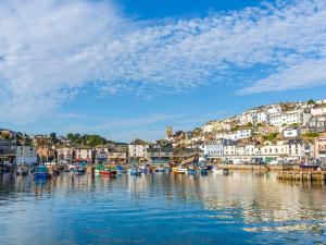 un grupo de barcos atracados en un puerto con casas en 3 Dolphin Court, en Brixham