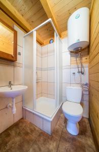 a bathroom with a toilet and a shower and a sink at Domki FALA in Międzywodzie