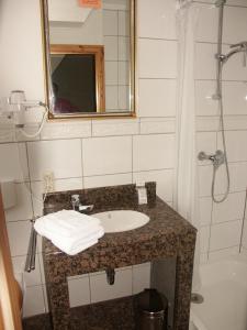 a bathroom with a sink and a shower at Krohnprinzenhof Hotel Garni und Ferienwohnungen in Fargau-Pratjau