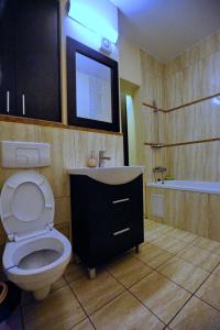 uma casa de banho com um WC, um lavatório e uma banheira em Bloc Izvor em Piteşti