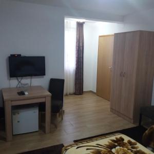 a living room with a table and a television and a desk at Apartments Šofranac in Podgorica