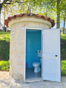 a bathroom with a toilet in a stone building at Casa da Quinta da Prelada Simão partie basse in Celorico de Basto