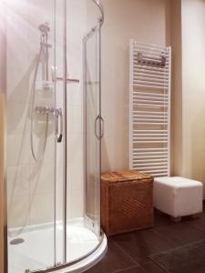 uma casa de banho com um chuveiro e um WC. em Brugmann Loft Apartment em Bruxelas