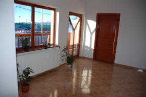 un couloir avec une porte, des fenêtres et des plantes dans l'établissement Pensiunea Bujor de Munte, à Petroşani