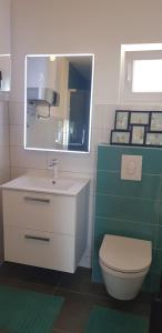 a bathroom with a sink and a toilet and a mirror at Family apartment Rita in Sveti Filip i Jakov