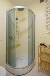 a shower with a glass enclosure in a bathroom at Studio Skwer Kościuszki in Gdynia