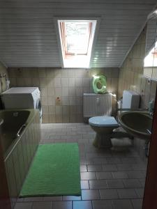 uma casa de banho com um lavatório, um WC e uma janela. em Obere Ferienwohnung Asshoff zwischen Odenwald, Taubertal und Bauland em Berolzheim