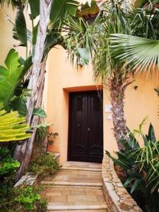 a building with a black door and some palm trees at B&B Oltrelmar in Matino