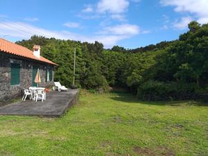 a patio with a table and chairs in a yard at Azores Hibiscus House - Mountain and Sea in São Roque do Pico