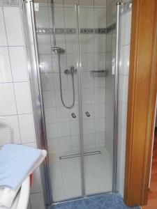 a shower with a glass door in a bathroom at Haus Georg in Innsbruck