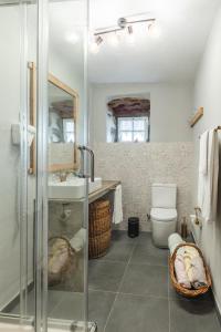 a bathroom with a shower and a sink and a toilet at Aldeia da Cuada in Faja Grande