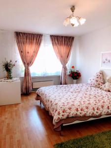 a bedroom with a bed and a large window at 2 Privatzimmer , Dusche /WC nahe Köln in Frechen