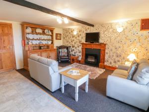 ein Wohnzimmer mit 2 Sofas und einem Kamin in der Unterkunft The Stable Cottage in Llanbedr