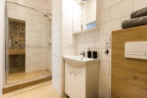 łazienka z umywalką i prysznicem w obiekcie VINTAGE SENACKA APARTAMENTS w Krakowie +30 zdjęć