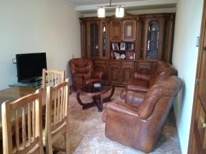 a living room with leather furniture and a television at Casa de Campo in Malpica