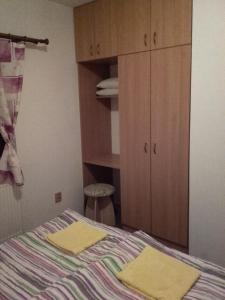a bedroom with a bed with two yellow towels on it at Pavlov Děvicky in Pavlov