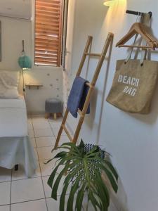 une chambre avec une chaise, une plante et un sac dans l'établissement duplex sur la plage, à Saint-Leu