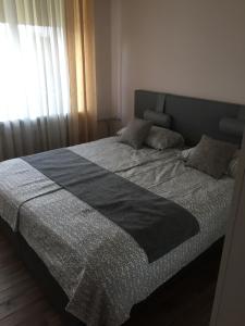 - une chambre avec un lit et une couverture noire et blanche dans l'établissement City center apartments, à Panevėžys