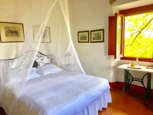um quarto com uma cama branca e uma rede mosquiteira em Farmhouse B&B Il Paretaio em Barberino di Val dʼElsa
