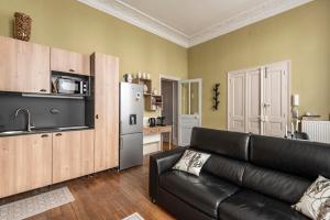 sala de estar con sofá de cuero negro y cocina en Le cœur de Reims, la mairie et le Boulingrin en Reims