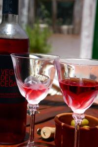 two wine glasses sitting on a table next to a bottle at Casa Valle de Palmeras in Haría