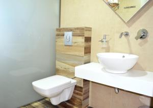 a bathroom with a toilet and a sink and a mirror at Psili Ammos Seaside Luxury Rooms in Astris