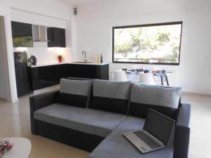 a living room with a couch with a laptop on it at DREAM & HARMONY in Artemida