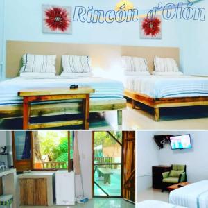 奧隆的住宿－Rincón d'Olón Boutique Hotel，一张带两张床的房间的照片拼在一起