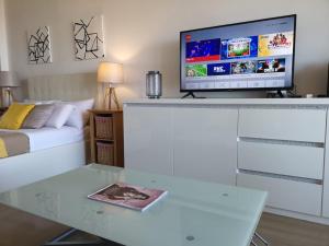 ein Wohnzimmer mit einem TV auf der Theke in der Unterkunft Ducal, Marina Baie des Anges in Villeneuve-Loubet