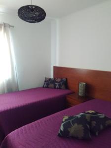 a bedroom with two beds with purple sheets and a window at Apartamento Sto Estevão in Zambujeira do Mar