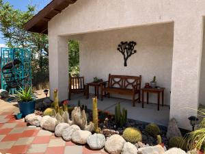 eine Terrasse mit einem Garten mit Kakteen und einer Bank in der Unterkunft Casa De Frank in Joshua Tree