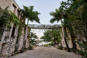 um beco com palmeiras e uma parede de pedra em Coqui Coqui Papholchac Coba Residence & Spa em Cobá