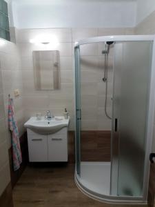 ein Bad mit einer Dusche und einem Waschbecken in der Unterkunft Ubytování U Jezérka in Ratíškovice