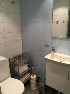 a bathroom with a white toilet and a sink at Stuga i naturskönt område på västra Tjörn in Säby +21 photos