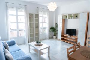 a living room with a blue couch and a tv at Apartamento en el centro de Sevilla in Seville