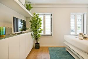 a bedroom with a bed and a tv and two windows at BmyGuest Bruno’s 36 Apartments in Lisbon +216 photos
