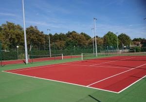 una pista de tenis con dos redes de tenis en Résidence Mes Amours d'Enfants - Les Villas du Lac, en Soustons