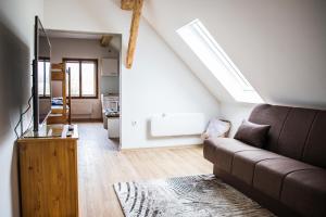 a living room with a couch and a tv at Apartments Arh in Bohinjska Bistrica